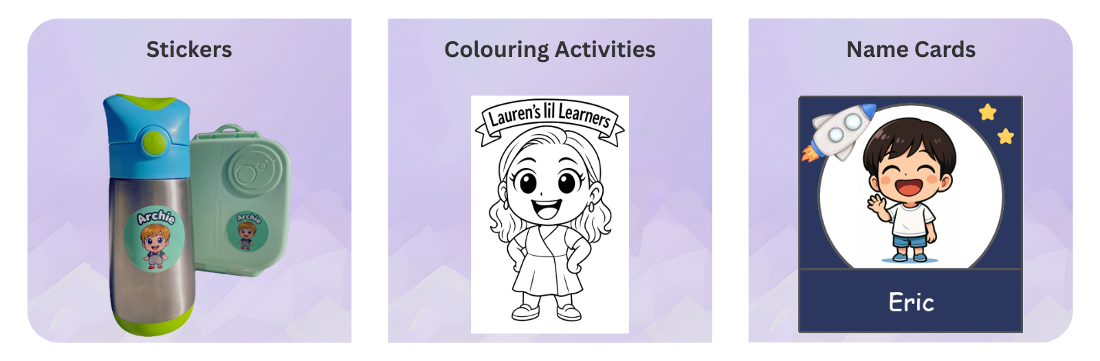 Character products showcase - stickers, name cards, and coloring sheets